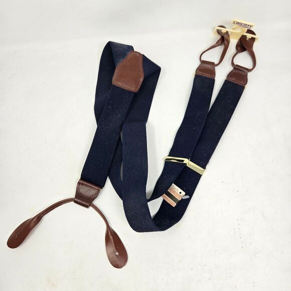Vintage LIBERTY OF LONDON Deadstock Navy and Leather Suspenders Braces NWT - Picture 1 of 8